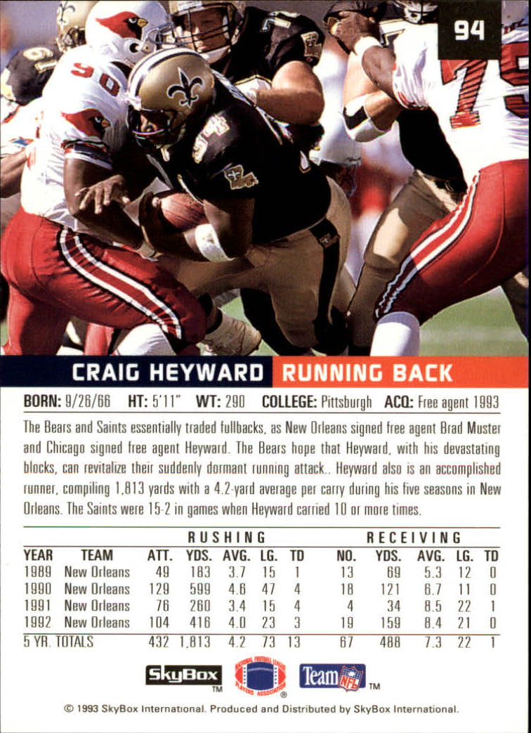 1993 SkyBox Premium #94 Craig Heyward back image