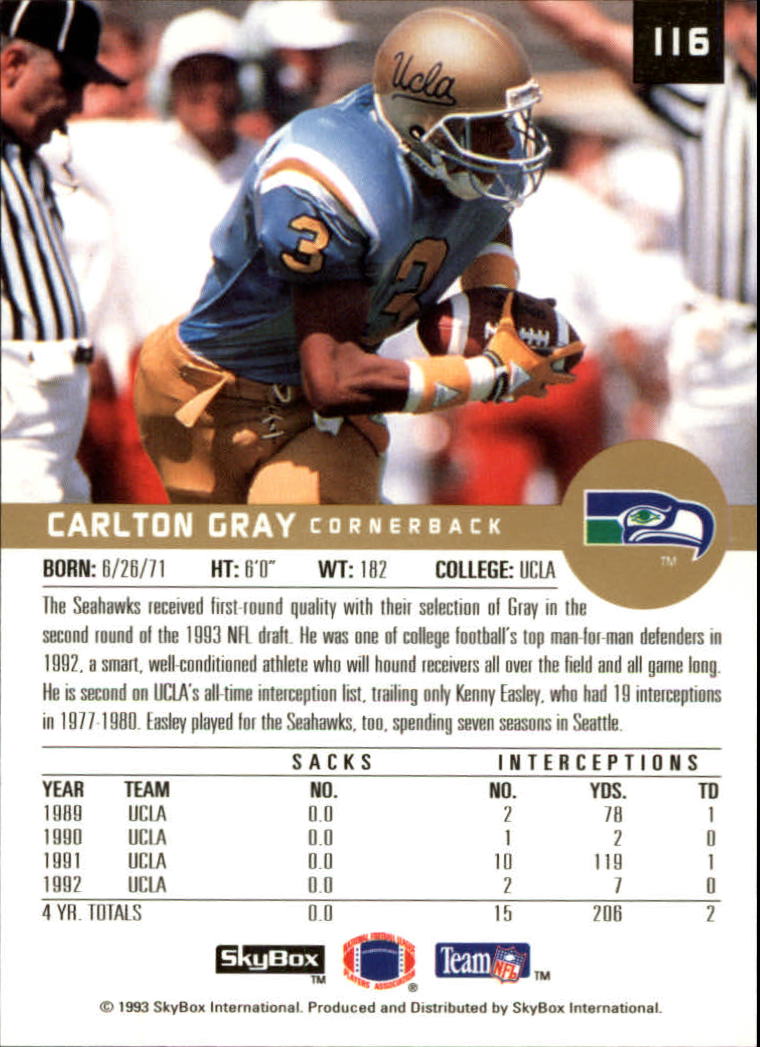 1993 SkyBox Premium #116 Carlton Gray RC back image
