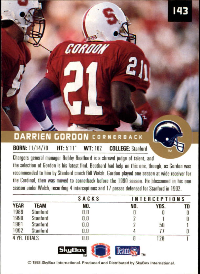 1993 SkyBox Premium #143 Darrien Gordon RC back image