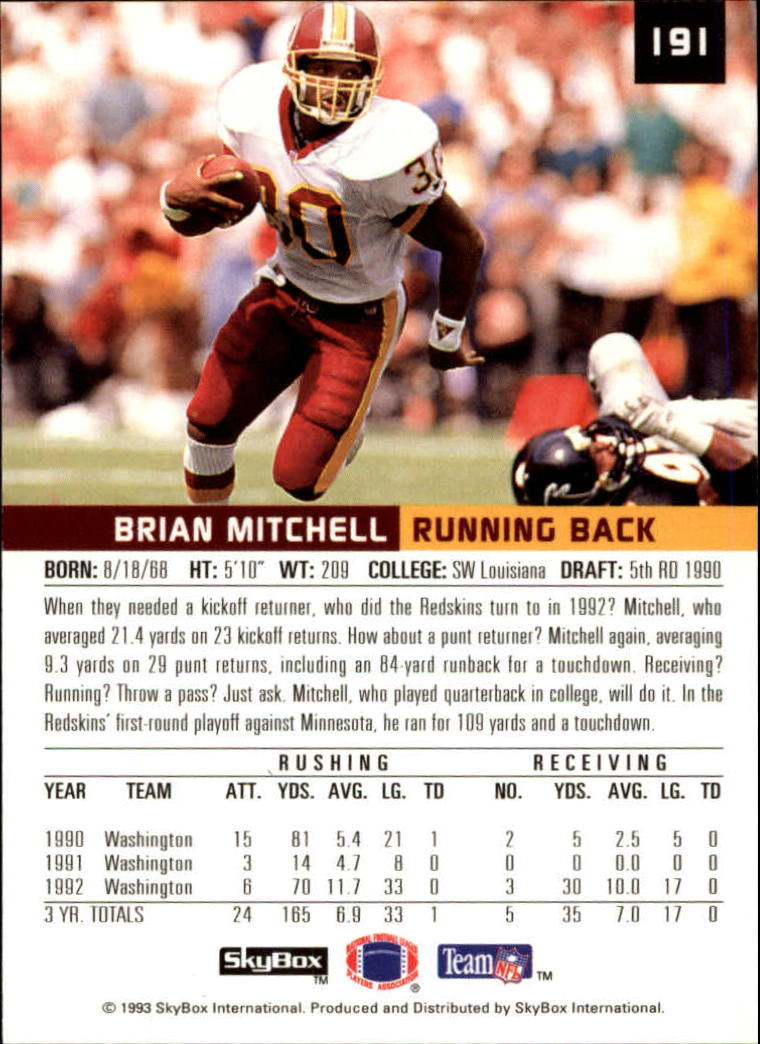 1993 Skybox Premium # 191 Mint Football Card Brian Mitchell Washington Redskins