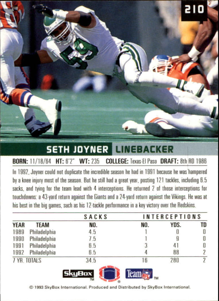 1993 SkyBox Premium #210 Seth Joyner back image