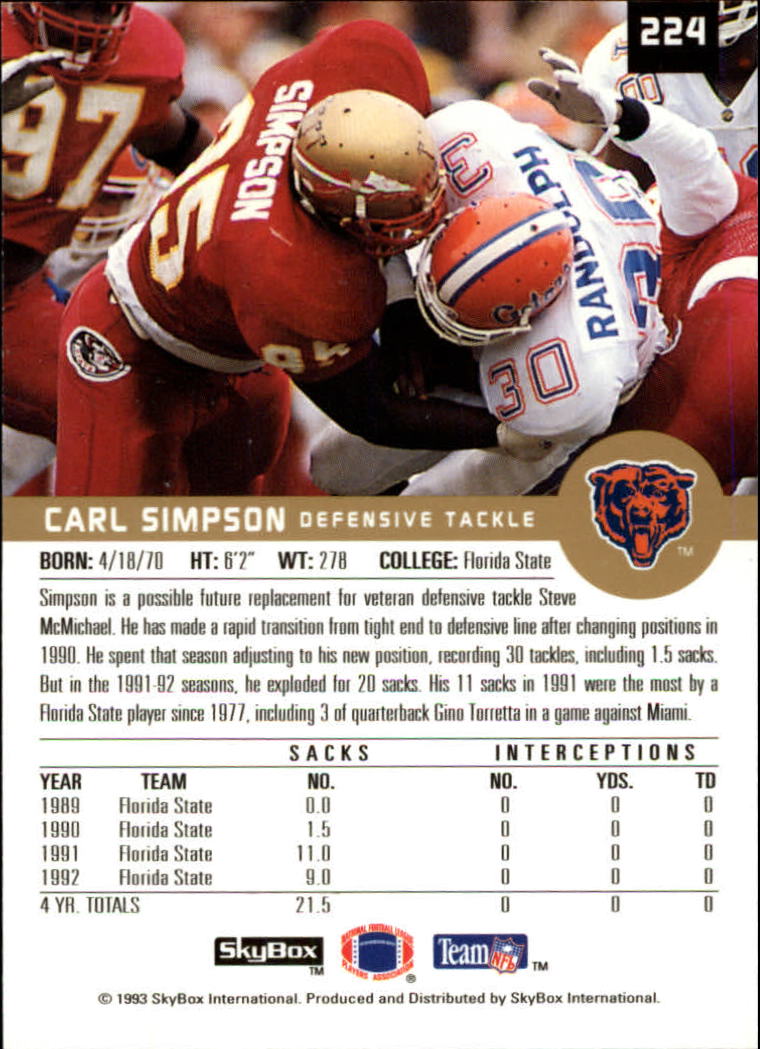 1993 SkyBox Premium #224 Carl Simpson RC back image