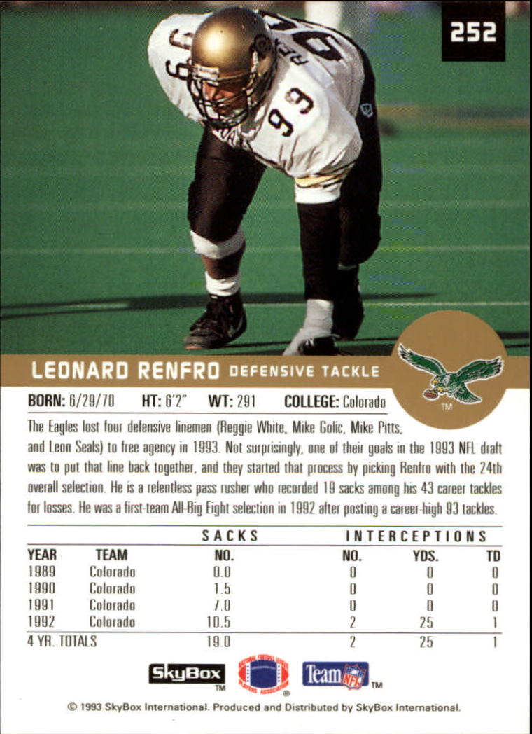 1993 SkyBox Premium #252 Leonard Renfro RC back image