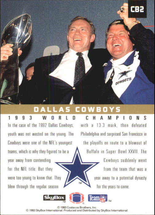 1993 SkyBox Premium Poster Cards #CB2 Dallas Cowboys/1993 Word Champions/Troy Aikman/Michael Irvin/Emmitt Smith/Russell Maryland back image