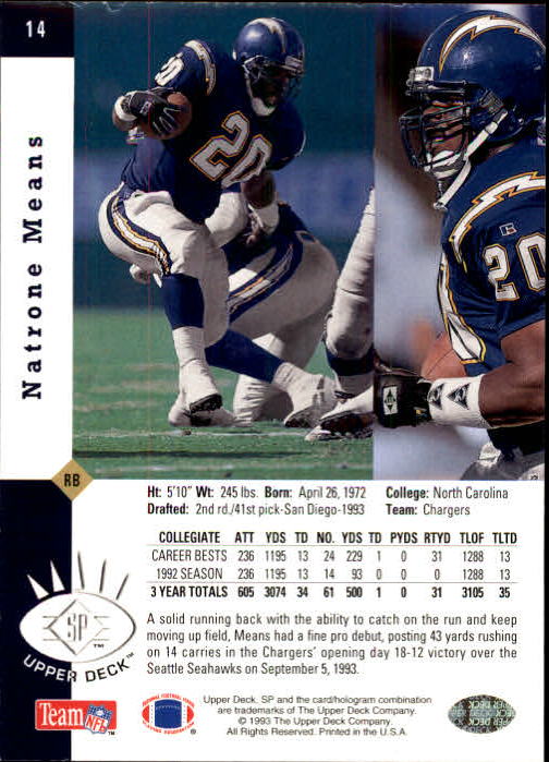 1993 SP #14 Natrone Means RC back image