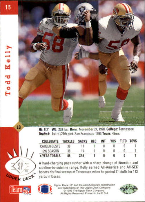 1993 SP #15 Todd Kelly RC back image