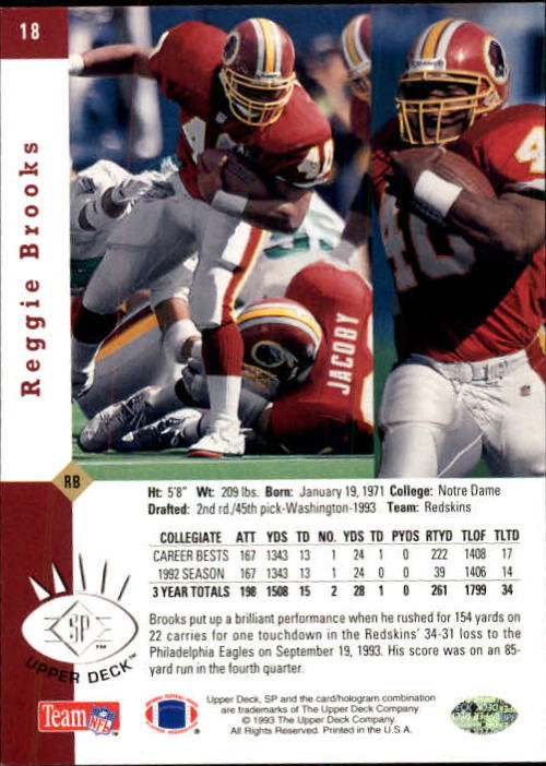 1993 SP #18 Reggie Brooks RC back image