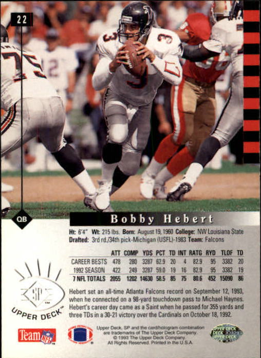 1993 SP #22 Bobby Hebert back image