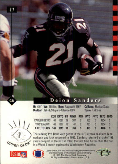 1993 SP #27 Deion Sanders back image