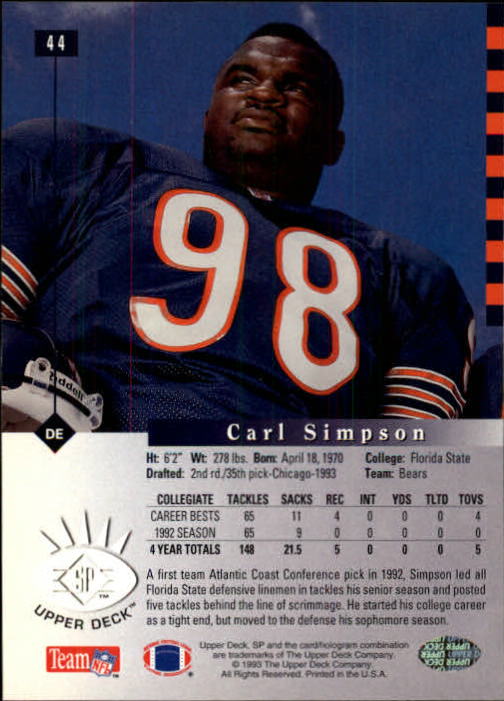 1993 SP #44 Carl Simpson RC back image