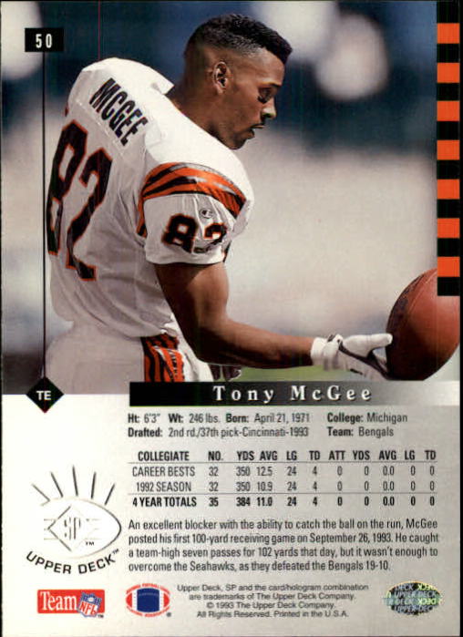 1993 SP #50 Tony McGee RC back image