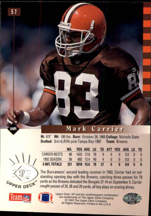 1993 SP #57 Mark Carrier WR back image