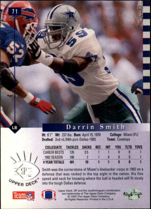 1993 SP #71 Darrin Smith RC back image
