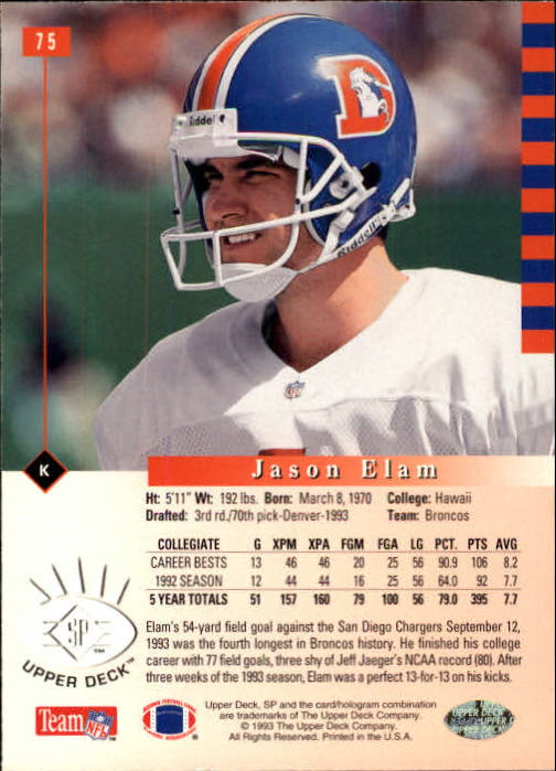 1993 SP #75 Jason Elam RC back image