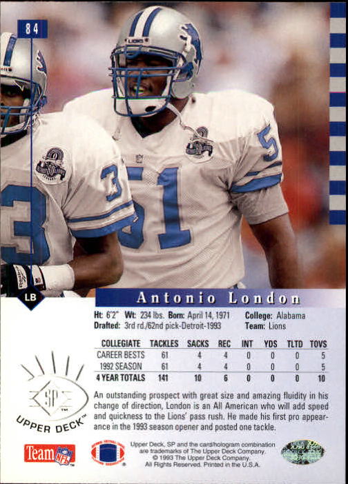 1993 SP #84 Antonio London RC back image