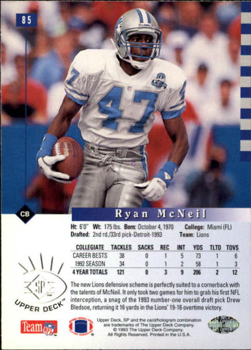 1993 SP #85 Ryan McNeil RC back image