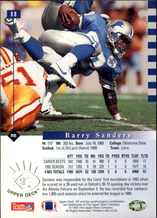 1993 SP #88 Barry Sanders back image