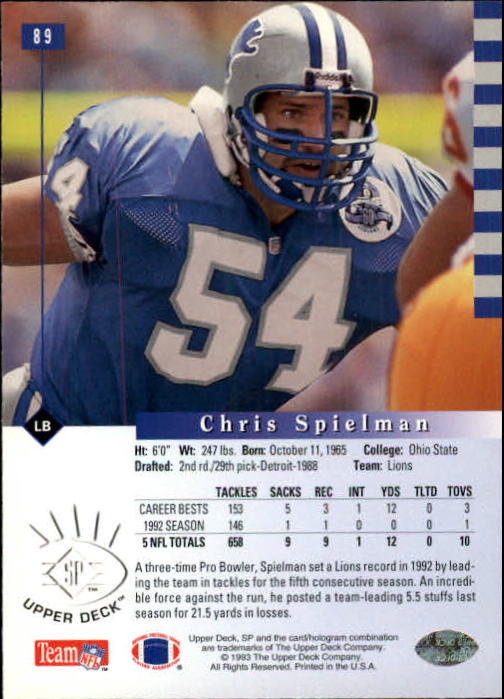 1993 SP #89 Chris Spielman back image