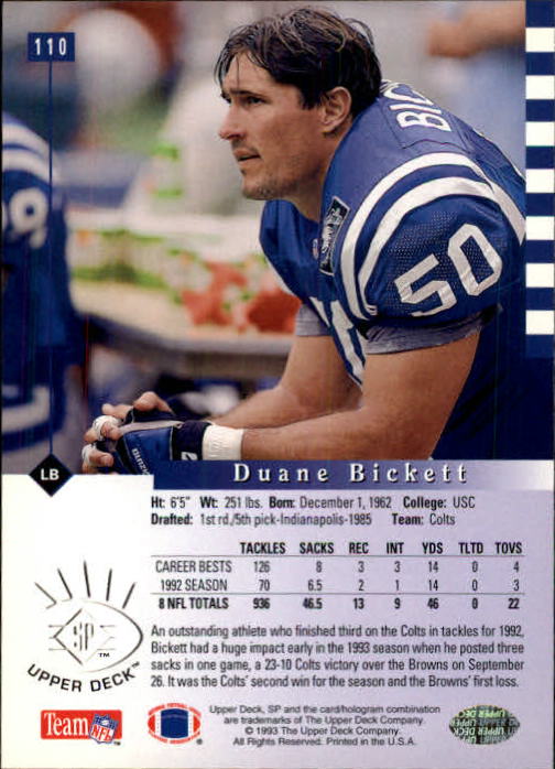 1993 SP #110 Duane Bickett back image