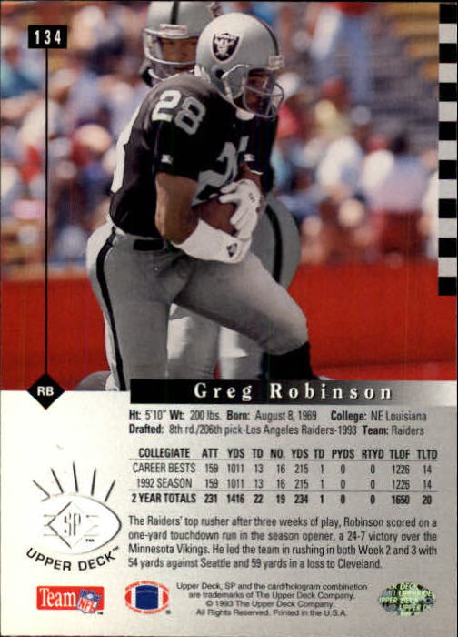 1993 SP #134 Greg Robinson RC back image