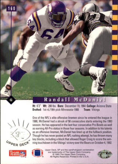 1993 SP #160 Randall McDaniel back image