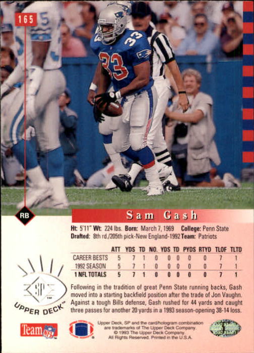 1993 SP #165 Sam Gash RC back image