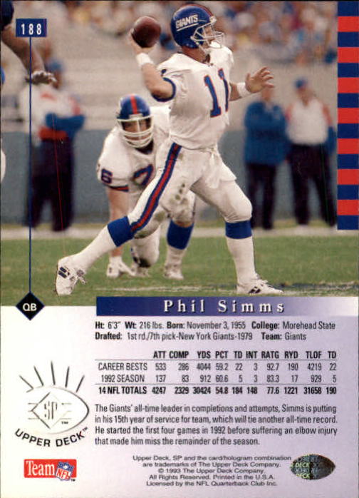 1993 SP #188 Phil Simms back image