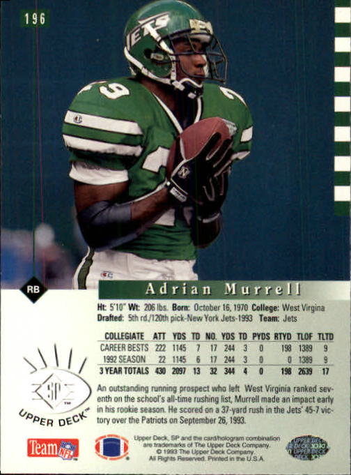 1993 SP #196 Adrian Murrell RC back image