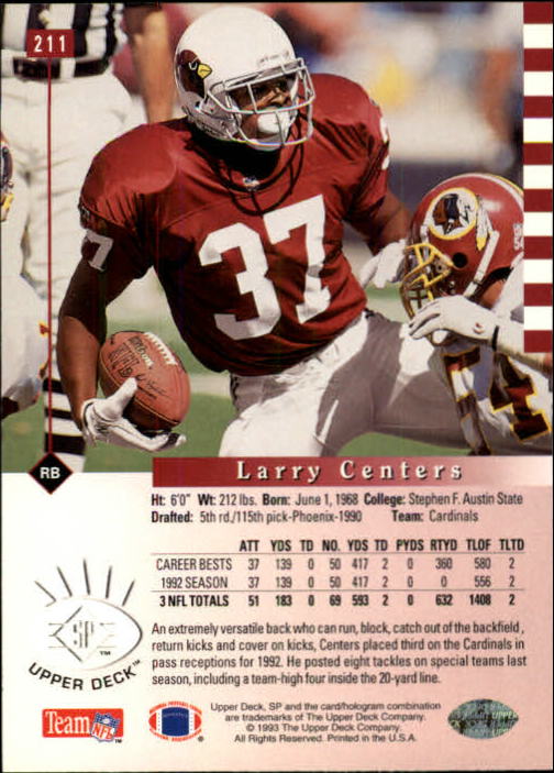 1993 SP #211 Larry Centers RC back image