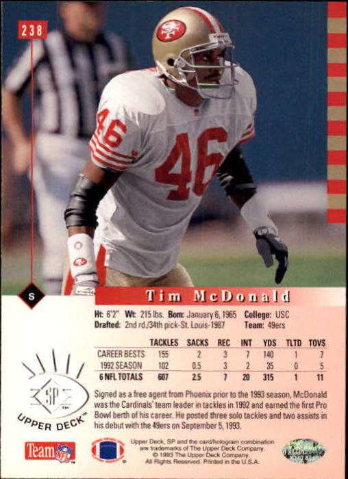 1993 SP #238 Tim McDonald back image