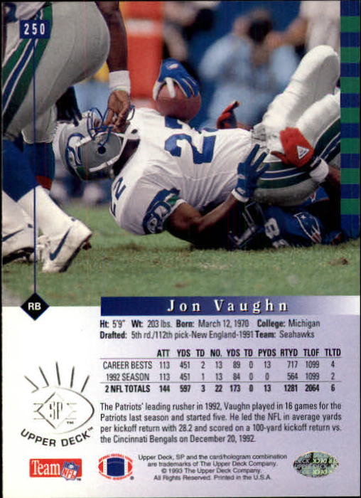 1993 SP #250 Jon Vaughn back image