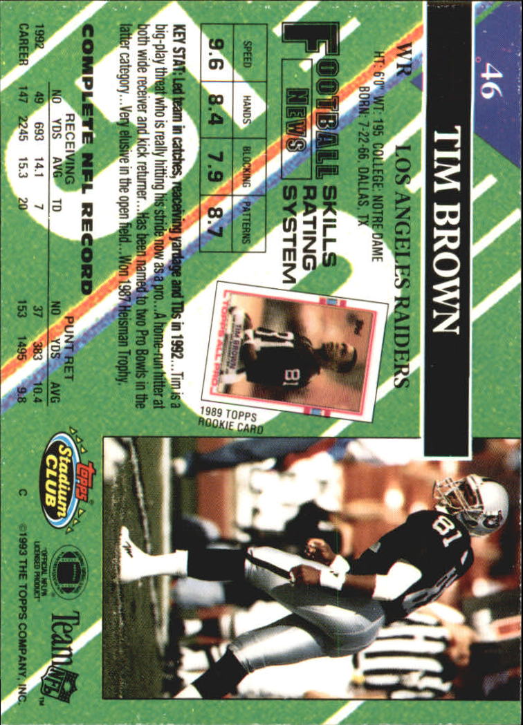 1993 Stadium Club #46 Tim Brown back image