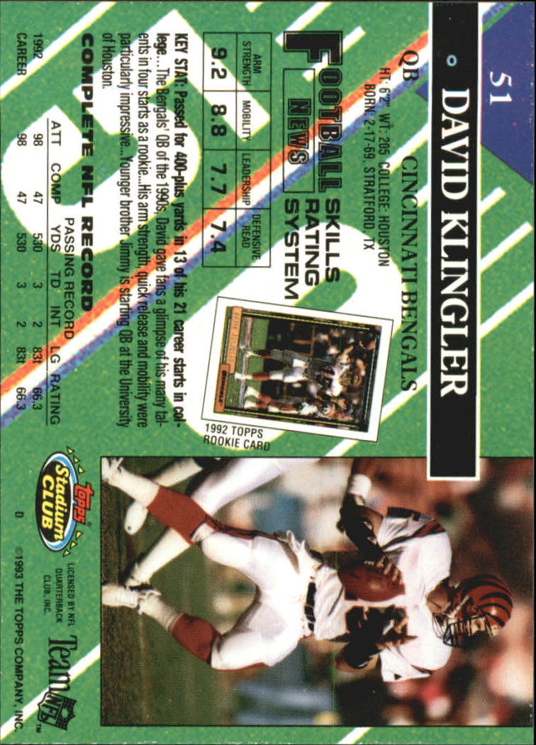 1993 Stadium Club #51 David Klingler back image