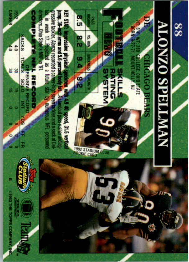 1993 Stadium Club #88 Alonzo Spellman back image