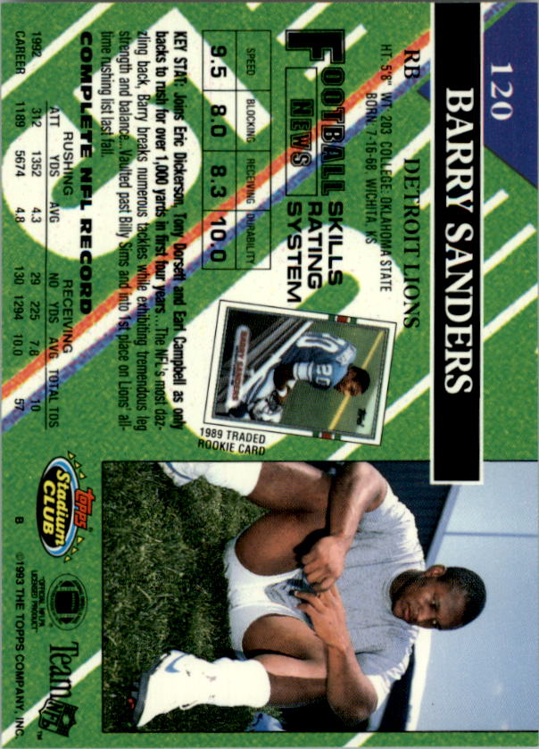1993 Stadium Club #120 Barry Sanders back image