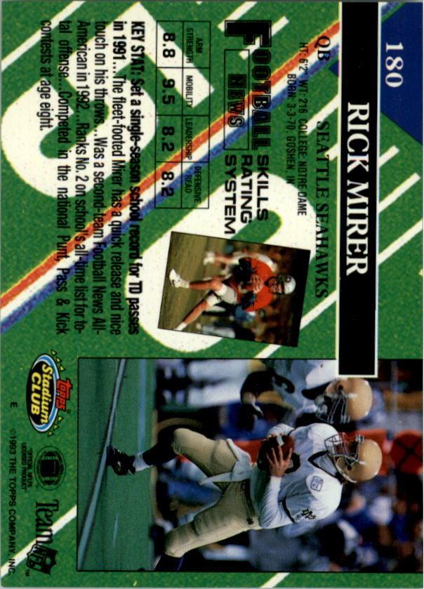 1993 Stadium Club #180 Rick Mirer RC back image