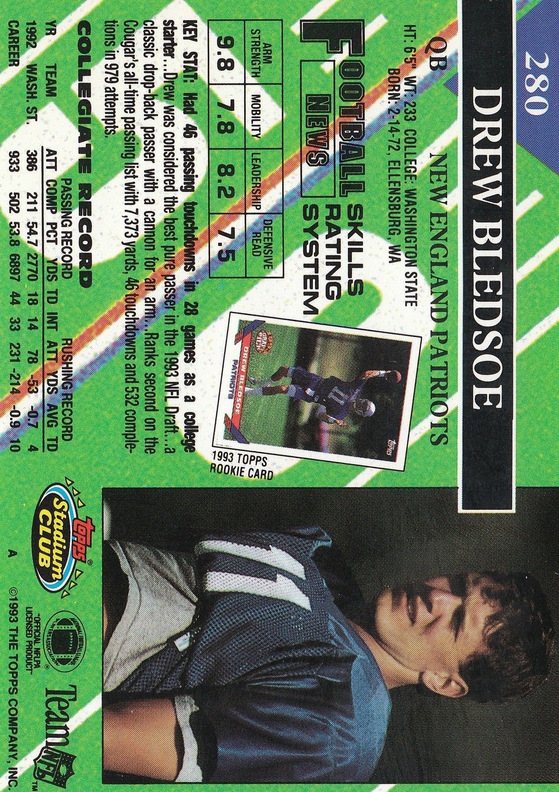 1993 Stadium Club #280A Drew Bledsoe RC ERR/missing draft pick logo on front back image