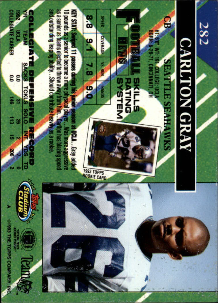 1993 Stadium Club #282A Carlton Gray ERR RC/missing draft pick logo on front back image