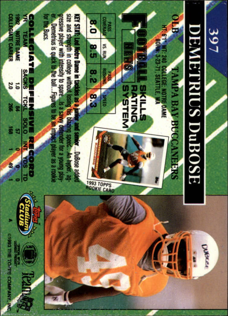 1993 Stadium Club #397A Demetrius DuBose RC ERR/missing draft pick logo on front back image