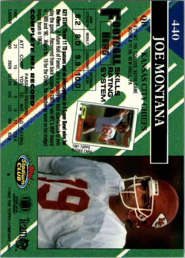 1993 Stadium Club #440 Joe Montana back image