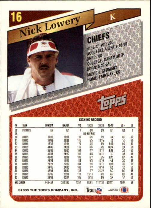 1993 Topps Gold #16 Nick Lowery back image
