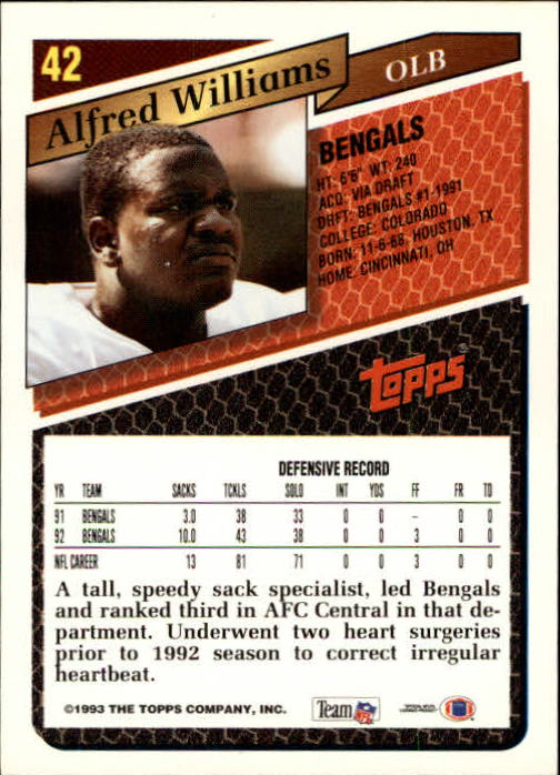 1993 Topps Gold #42 Alfred Williams back image