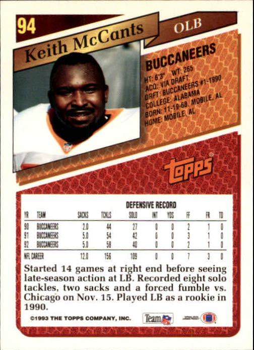 1993 Topps Gold #94 Keith McCants back image