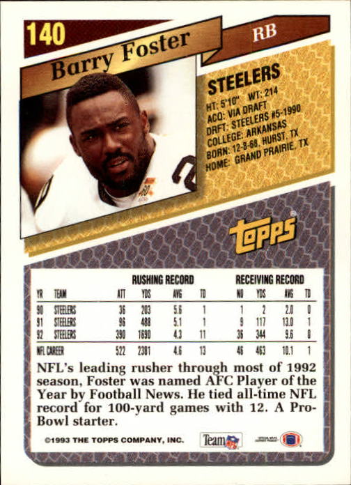 1993 Topps Gold #140 Barry Foster back image