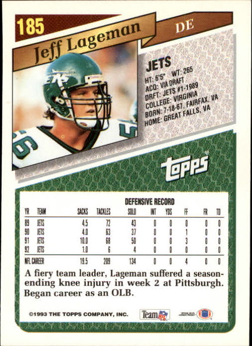 1993 Topps Gold #185 Jeff Lageman back image