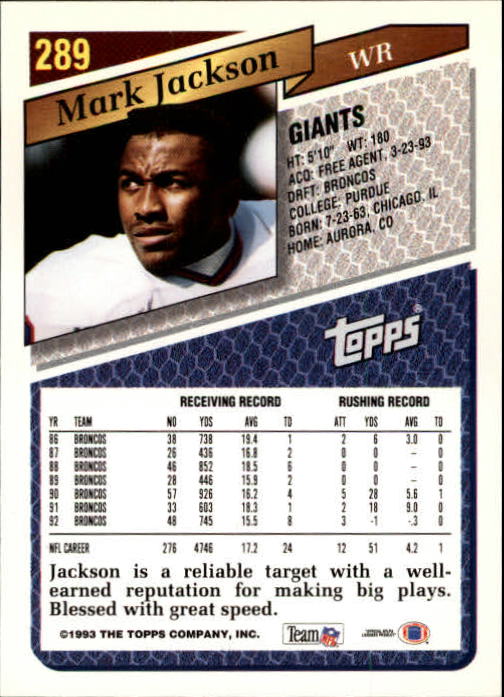 1993 Topps Gold #289 Mark Jackson back image