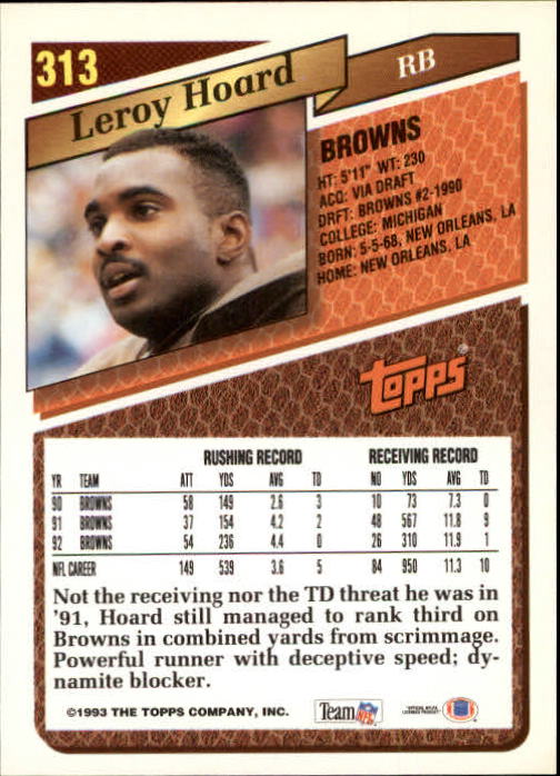 1993 Topps Gold #313 Leroy Hoard back image