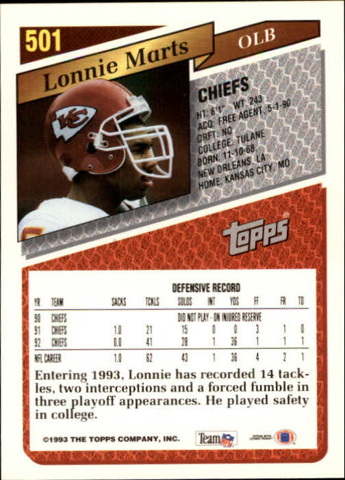 1993 Topps Gold #501 Lonnie Marts back image