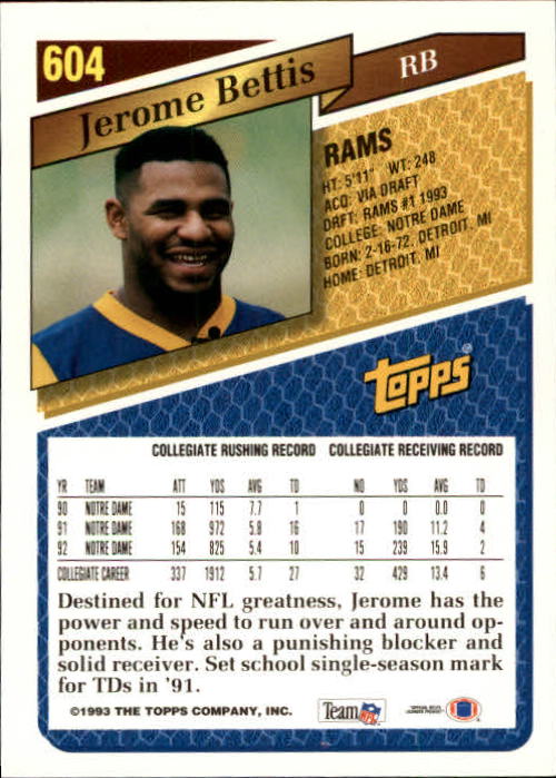 1993 Topps Gold #604 Jerome Bettis back image