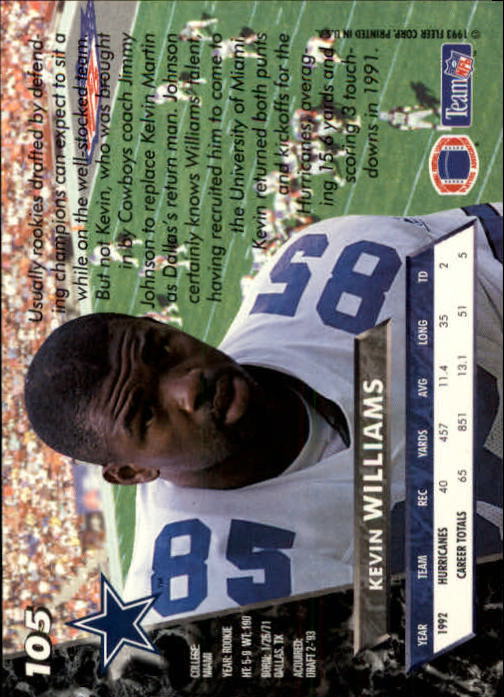 1993 Ultra #105 Kevin Williams RC WR back image